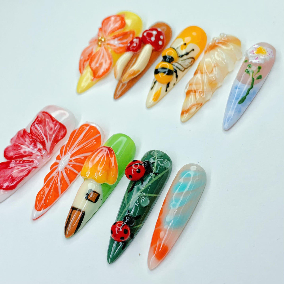 Colorful Garden Nails With 3D Flowers, Mushrooms, Bees and Ladybugs