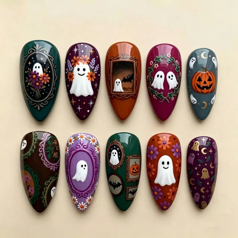 Colorful Halloween Ghost Press On Nails with Pumpkins, Florals and Ornate Frames