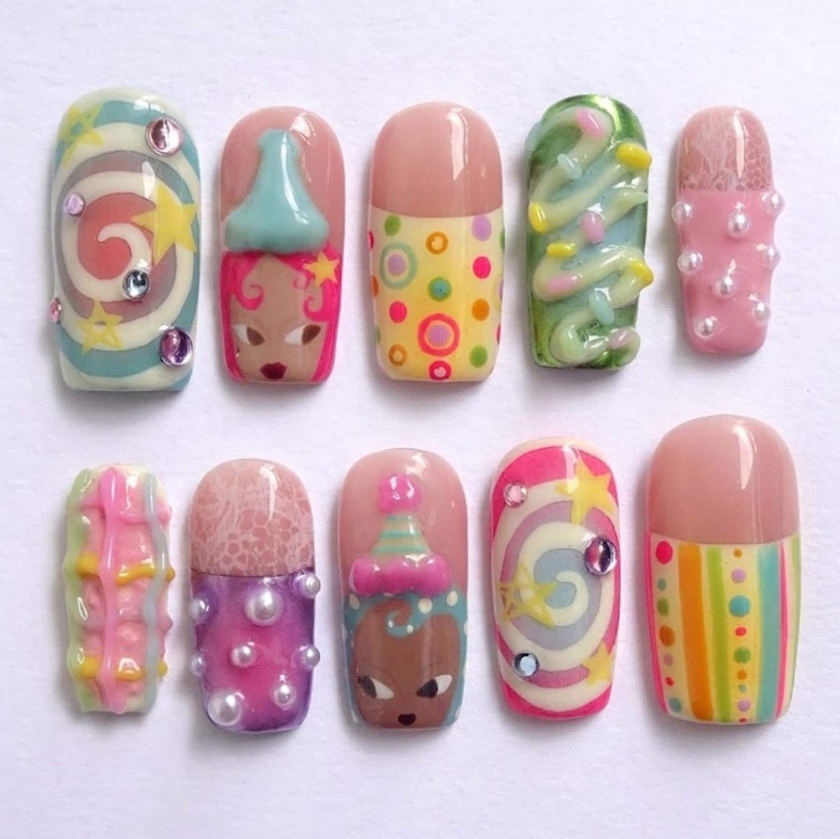 Colorful Kawaii Party Nails with 3D Candy, Swirls, and Rhinestones