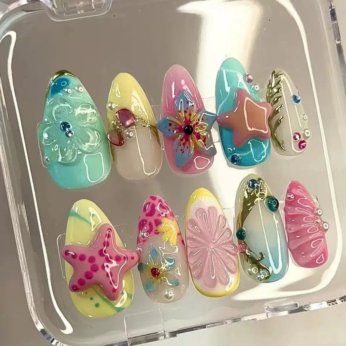 Colorful Ocean Starfish Press-On Nails With 3D Shells and Charms
