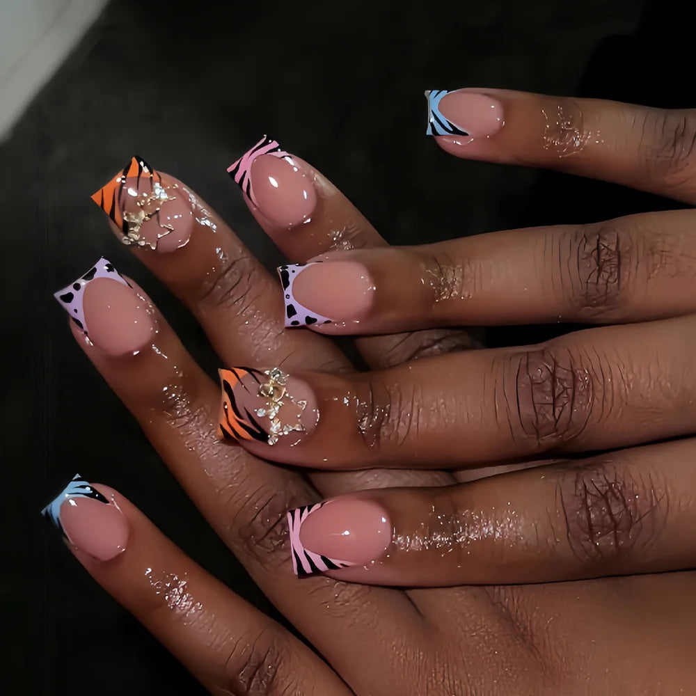 Colorful Patterned French Tip Press On Nails with Gold Accents