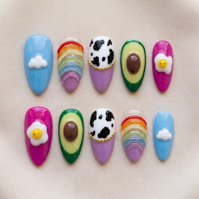 Colorful Rainbow, Cloud, Egg, Avocado and Cow Print Press On Nail Set