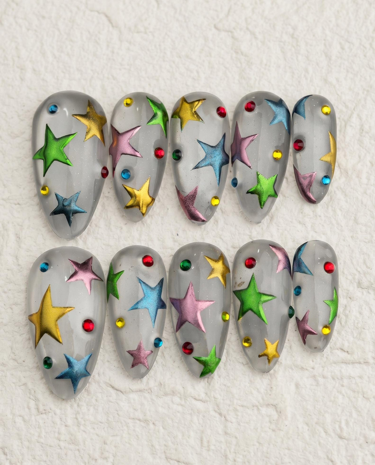 Colorful Raised Star Press On Nails With Milky Gray Base