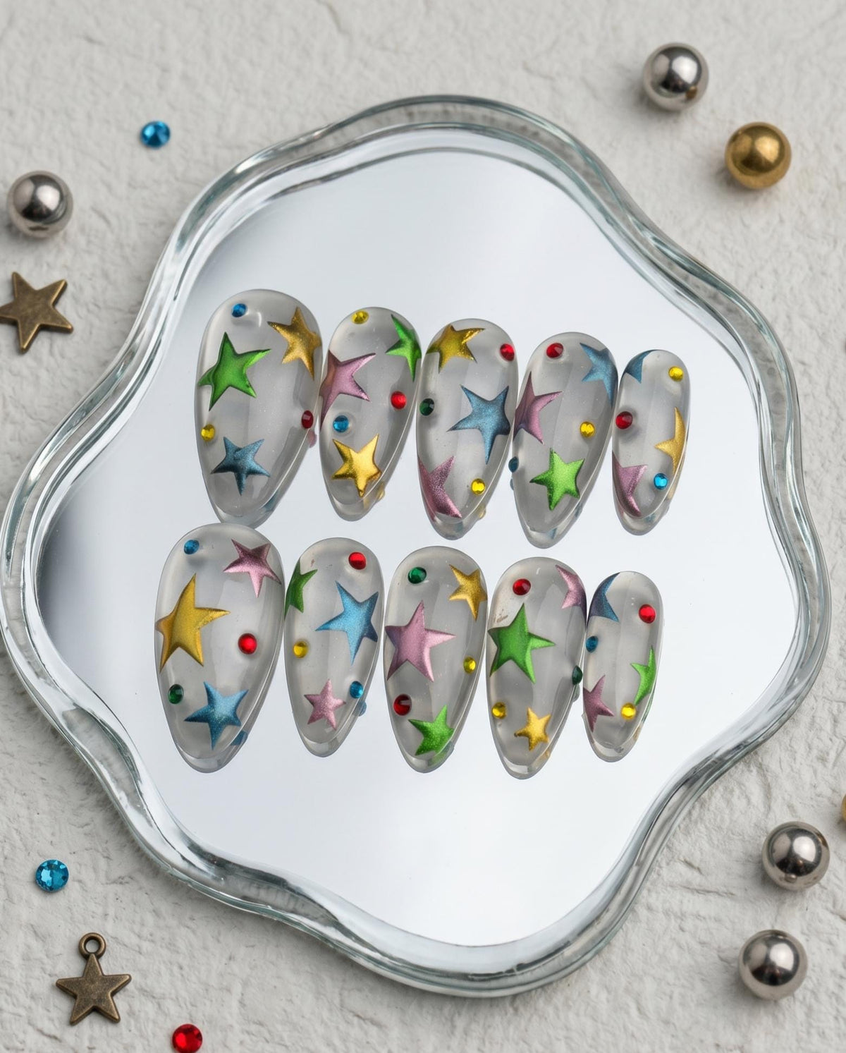 Colorful Raised Star Press On Nails With Milky Gray Base