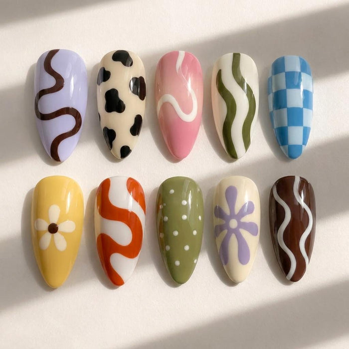 Colorful Retro Daisy, Cow Print, Checkerboard & Swirl Press On Nail Set