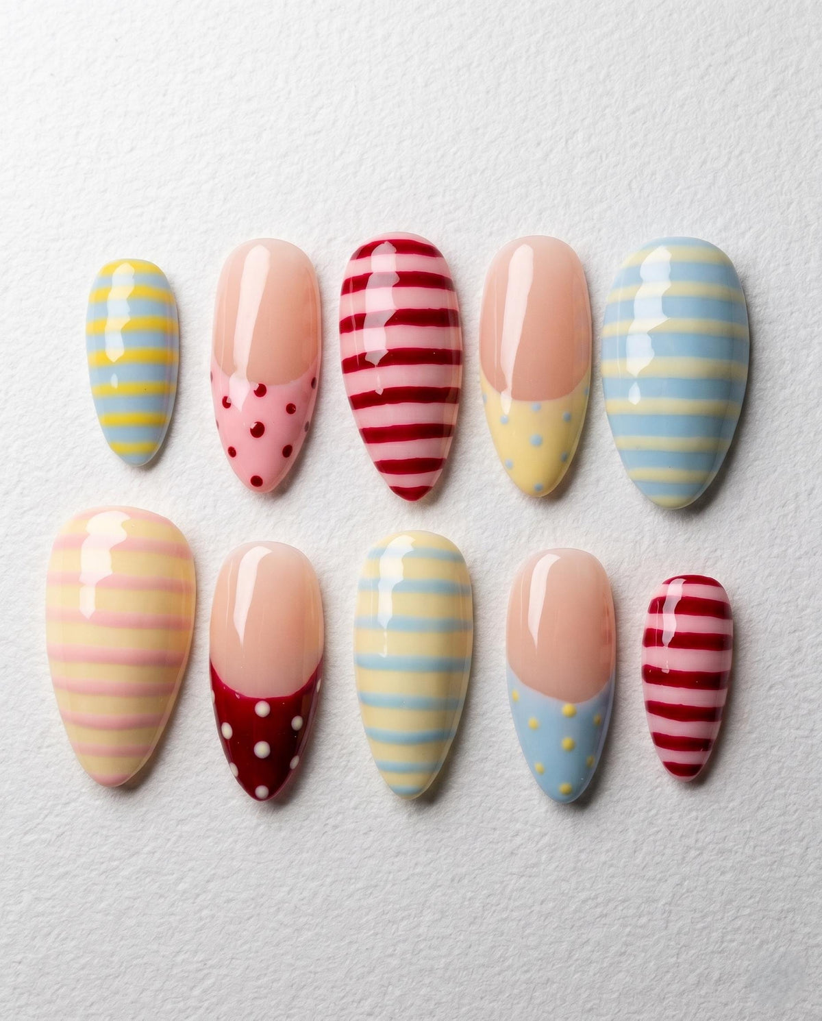 Colorful Retro Striped and Polka Dot Press On Nail Set