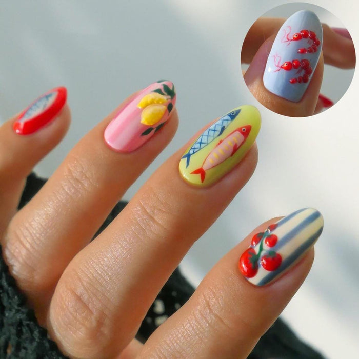Colorful Sardine, Lemon and Cherry Summer Press On Nail Art