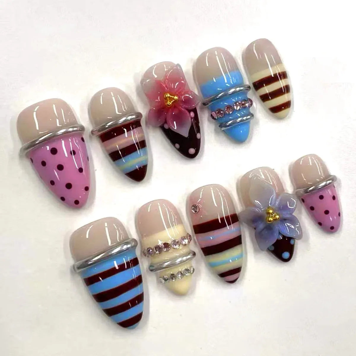 Colorful Striped French Tip Nails with Polka Dots, 3D Flowers and Rhinestones