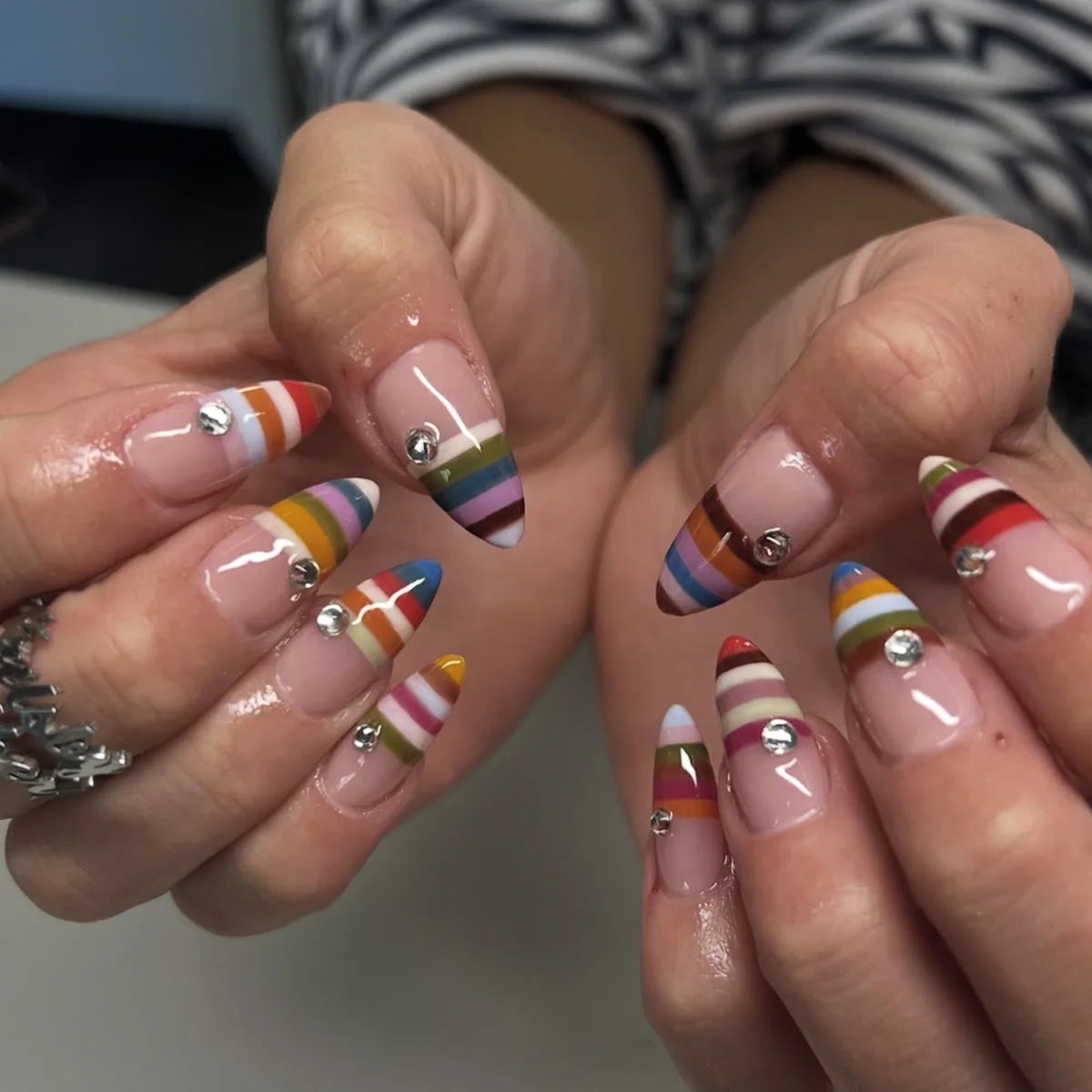Colorful Striped French Tip Press On Nails with Rhinestone Accents