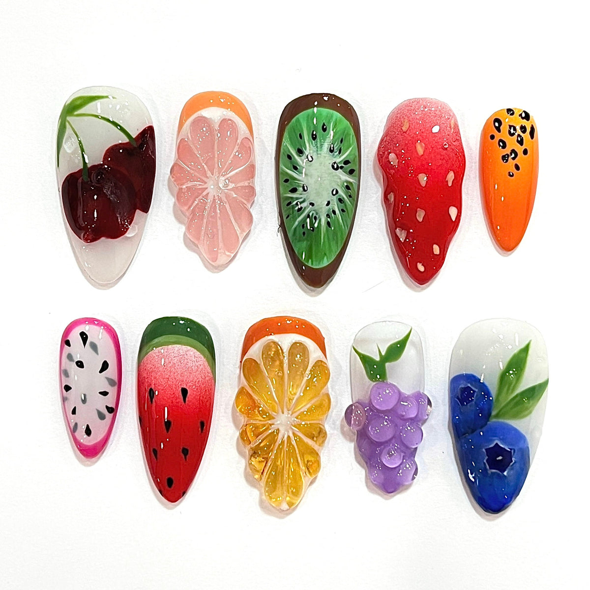 Colorful Summer Holiday Fruit Press-On Nails With Glossy Raised Details