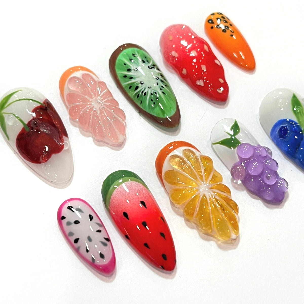 Colorful Summer Holiday Fruit Press-On Nails With Glossy Raised Details