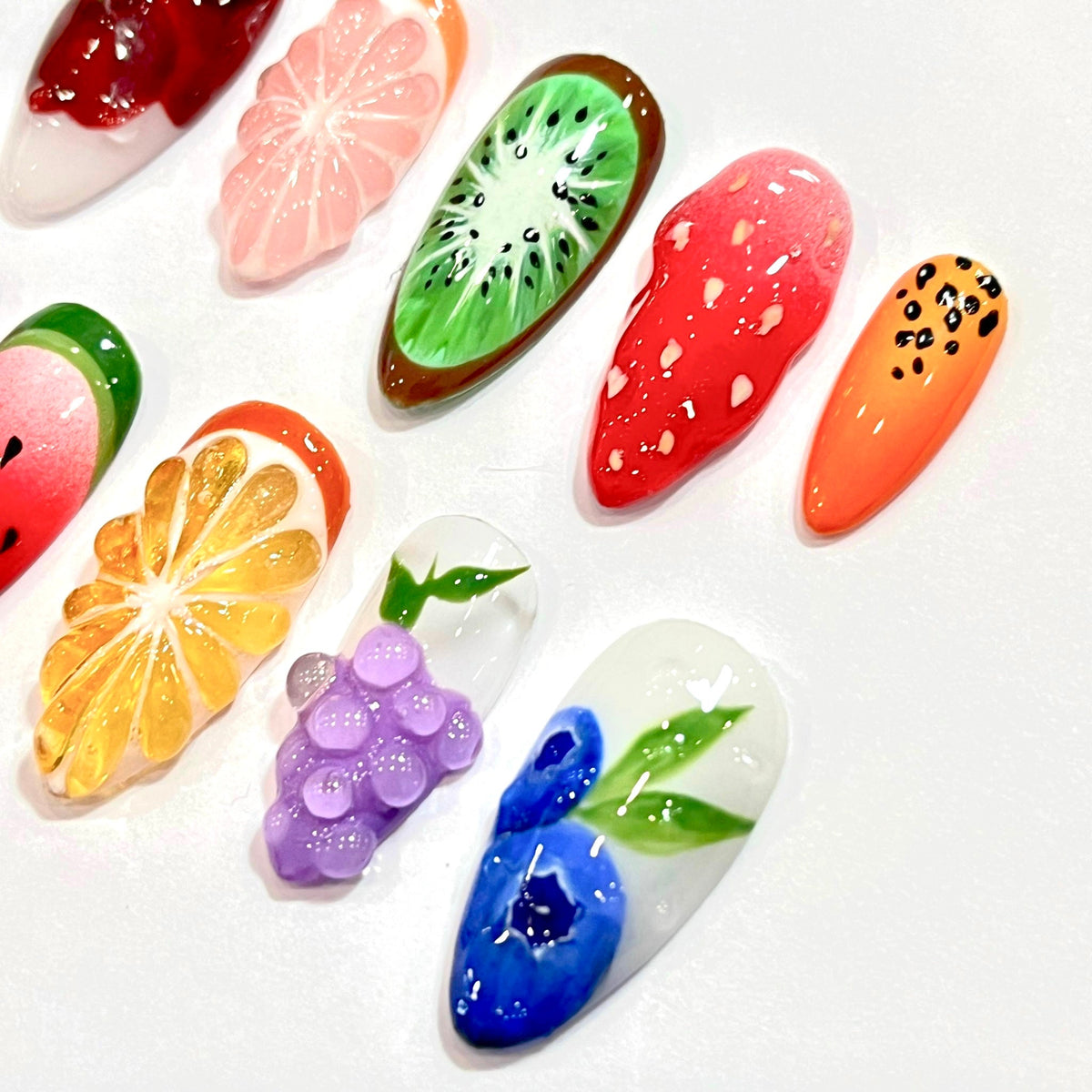 Colorful Summer Holiday Fruit Press-On Nails With Glossy Raised Details