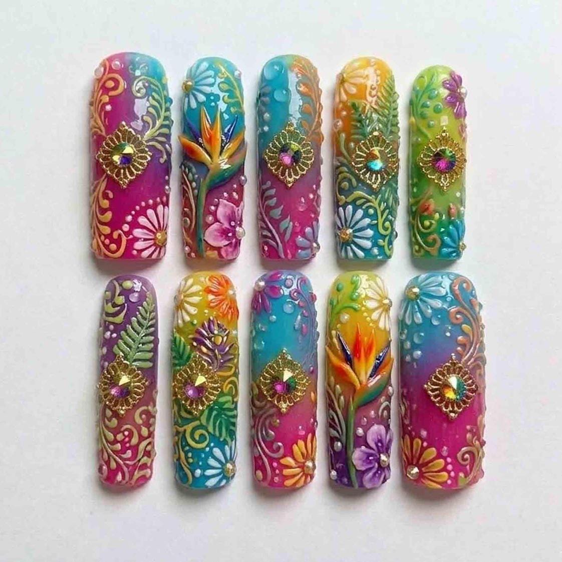 Colorful Tropical Floral Press On Nails with Gold Scrollwork and Jewel Accents