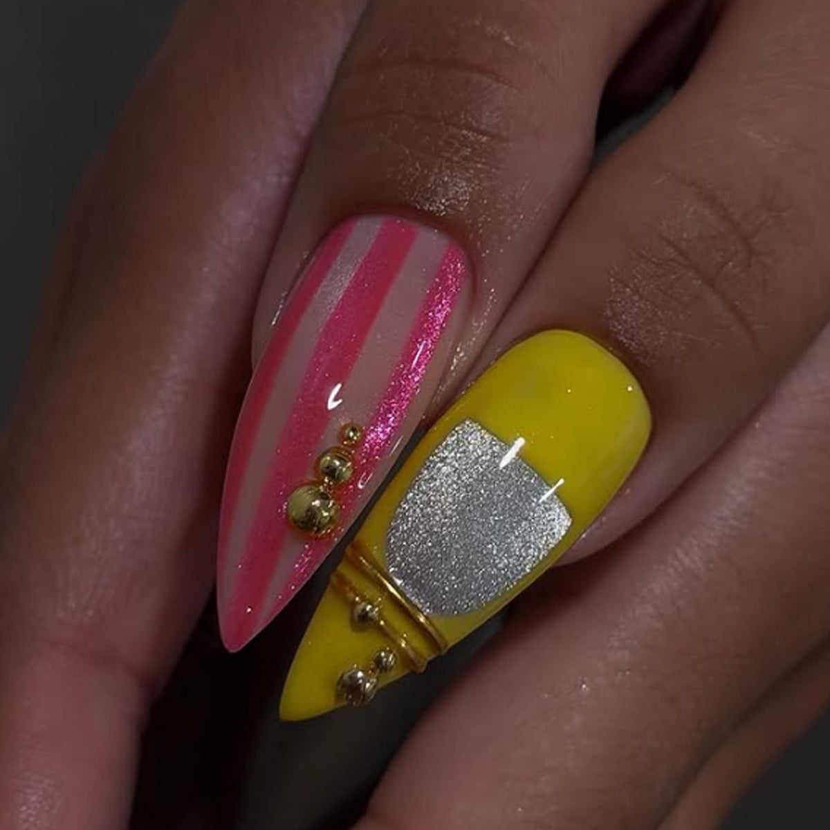 Colorful Y2K Checkerboard and Stripe Nails with Gold Accents