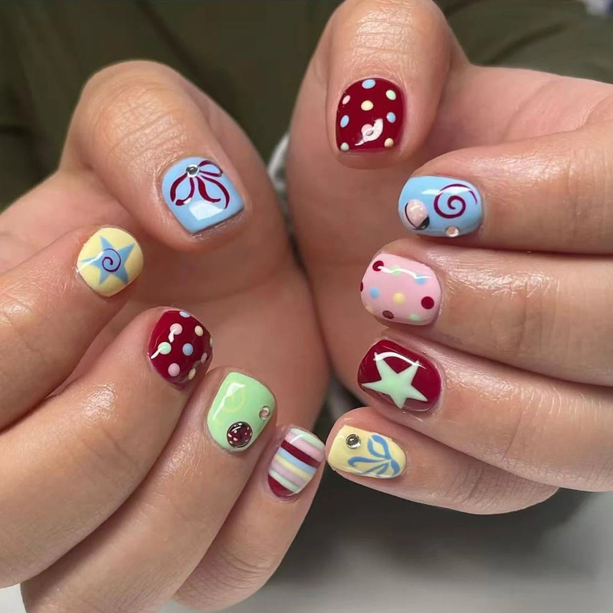 Colorful Y2K Polka Dot and Star Press-On Nails with Bows and Swirls