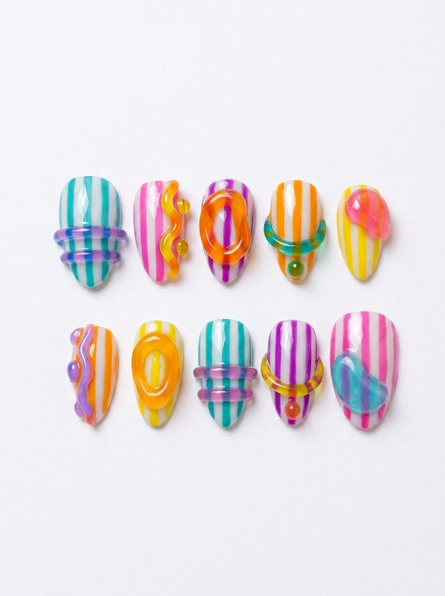 Colorful Y2K Summer Jelly Stripe Press On Nails With Raised Wavy Details