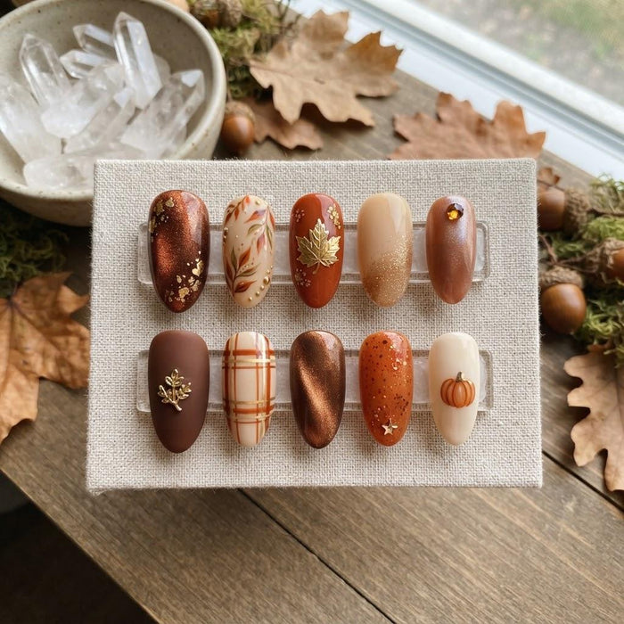 Copper and Rust Autumn Leaf Press On Nails with Plaid and Pumpkin Details