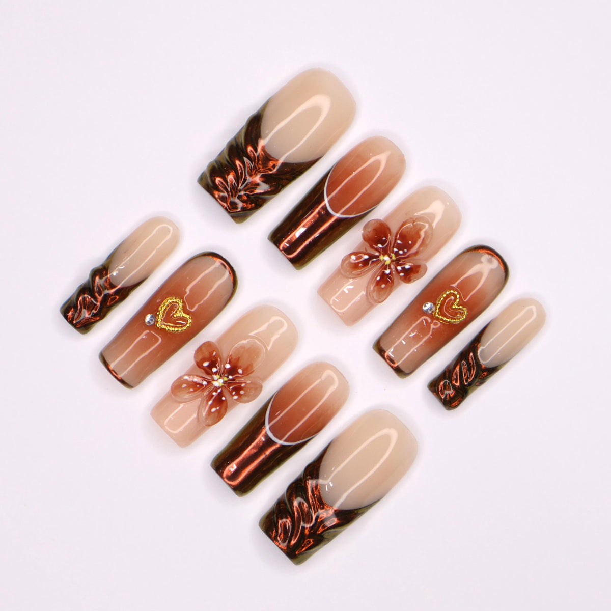 Copper Brown Floral and Heart Fall Nail Set with Metallic Swirls