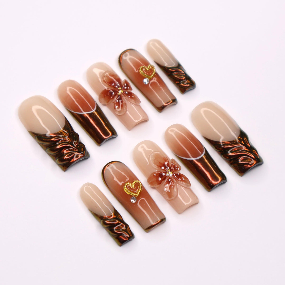 Copper Brown Floral and Heart Fall Nail Set with Metallic Swirls