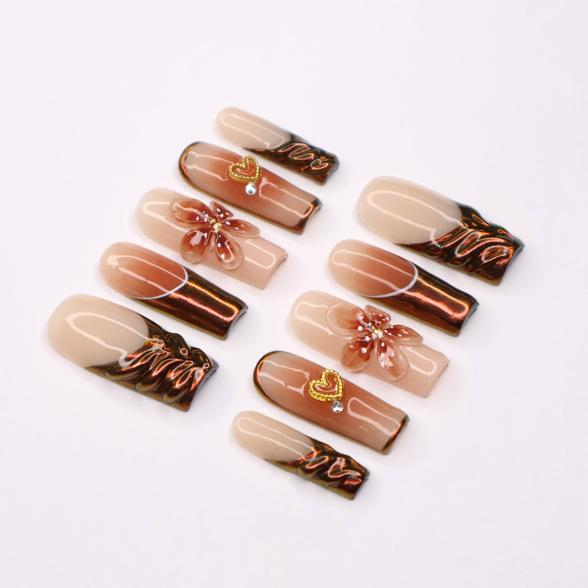 Copper Brown Floral and Heart Fall Nail Set with Metallic Swirls