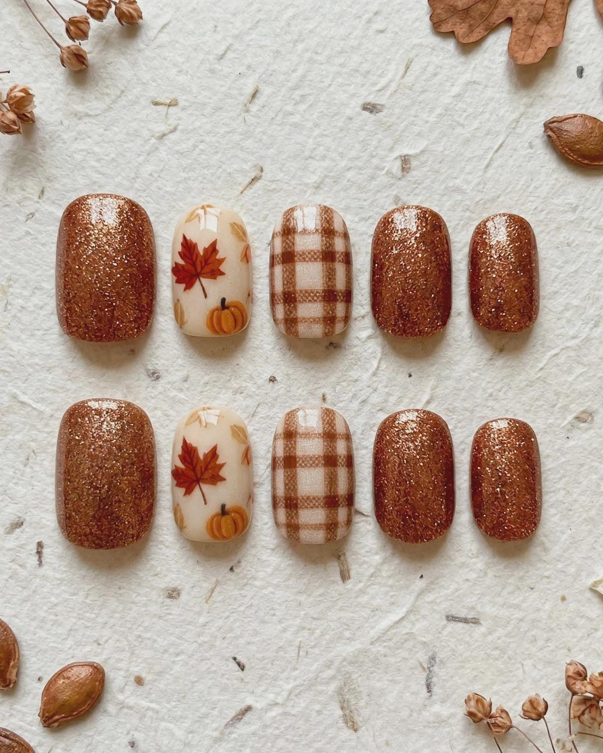 Copper-Brown Glitter Fall Nails With Maple Leaves, Pumpkins & Plaid