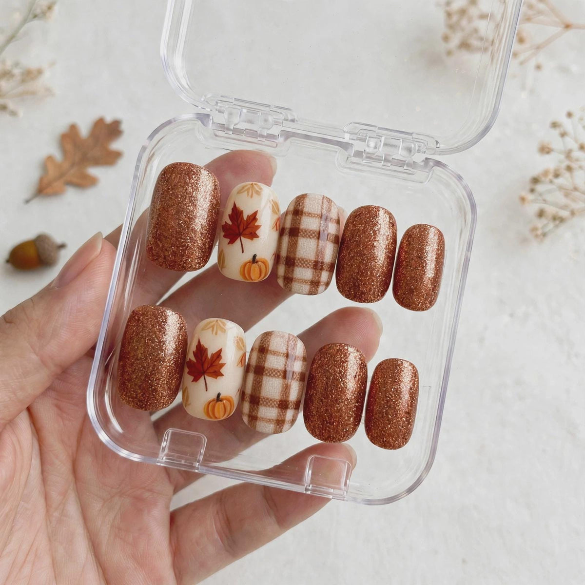 Copper-Brown Glitter Fall Nails With Maple Leaves, Pumpkins & Plaid