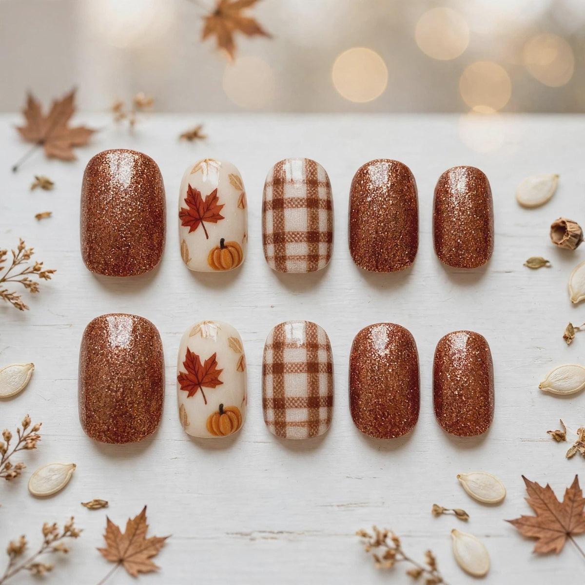 Copper-Brown Glitter Fall Nails With Maple Leaves, Pumpkins & Plaid