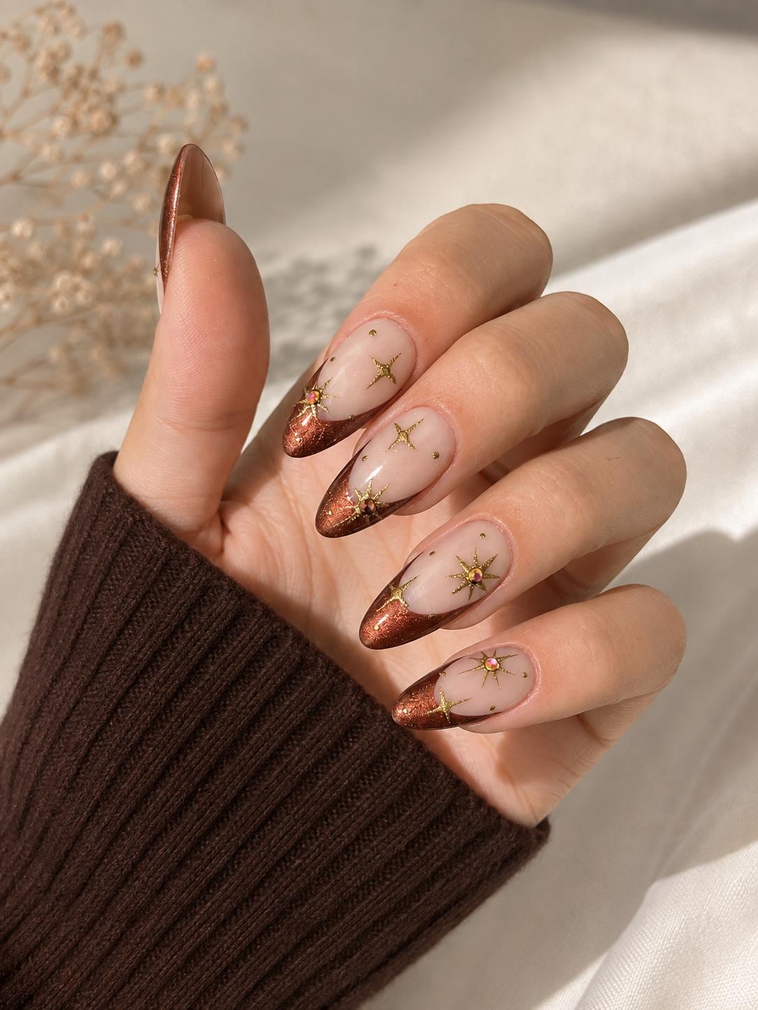 Copper Brown Glitter French Tip Nails With Gold Starbursts