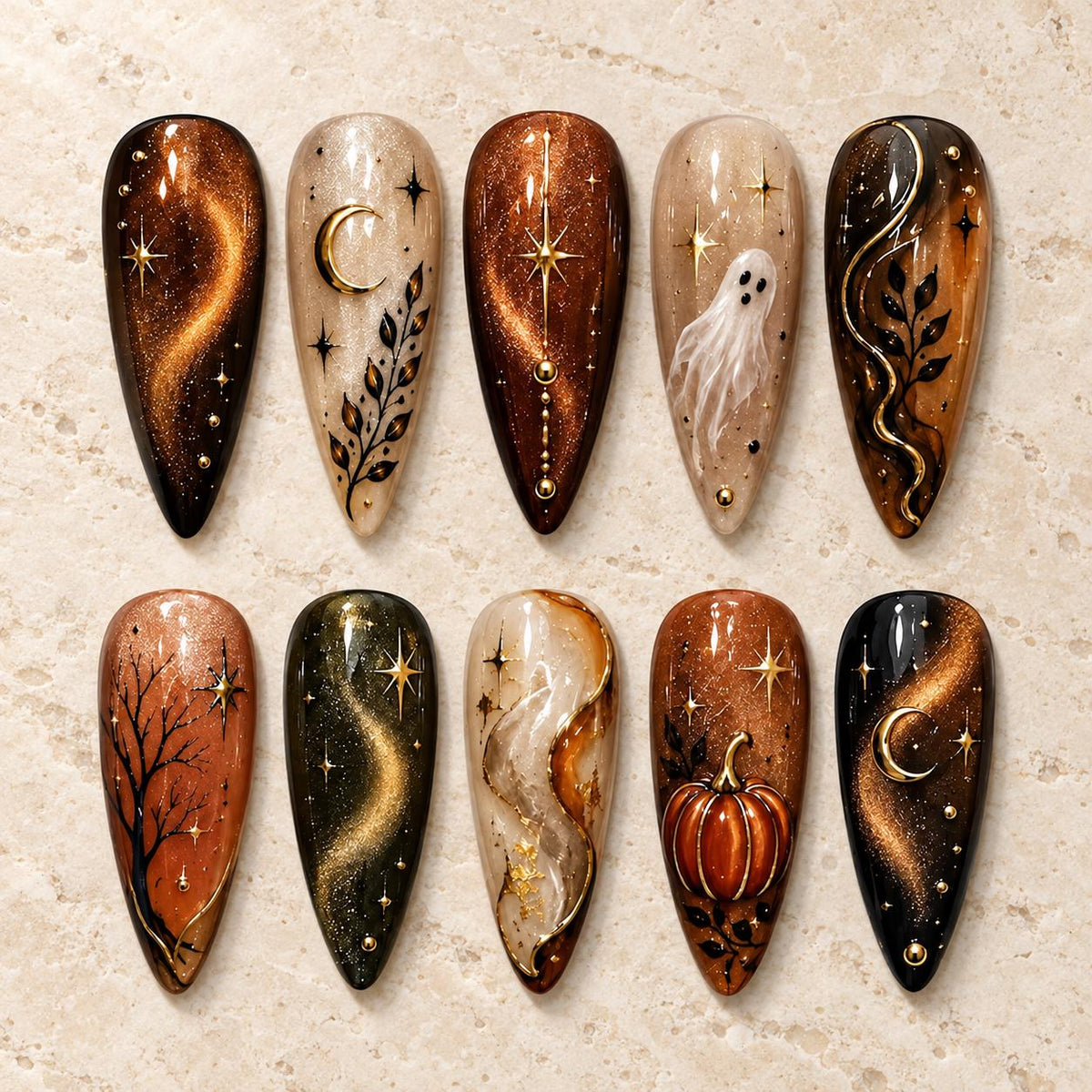 Copper Cat Eye Halloween Nail Set With Ghost, Pumpkin, Moons, and Stars