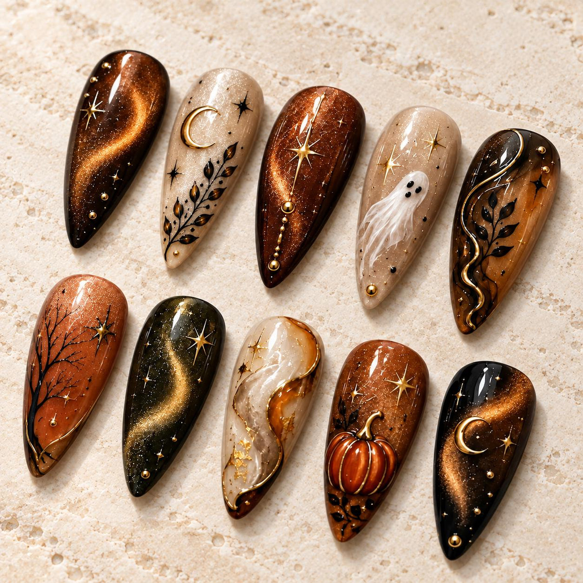 Copper Cat Eye Halloween Nail Set With Ghost, Pumpkin, Moons, and Stars