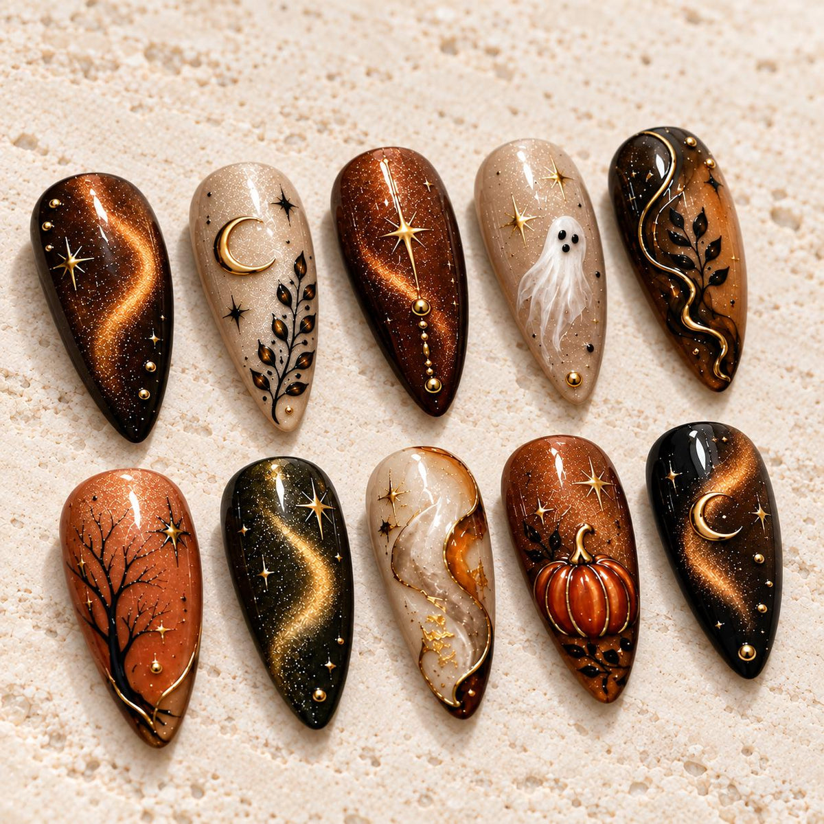 Copper Cat Eye Halloween Nail Set With Ghost, Pumpkin, Moons, and Stars