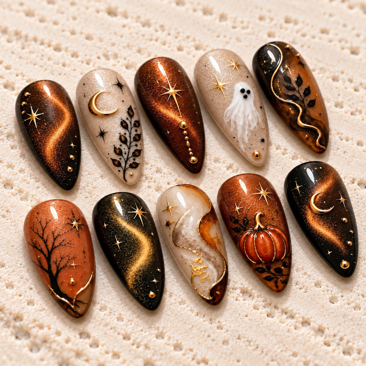 Copper Cat Eye Halloween Nail Set With Ghost, Pumpkin, Moons, and Stars