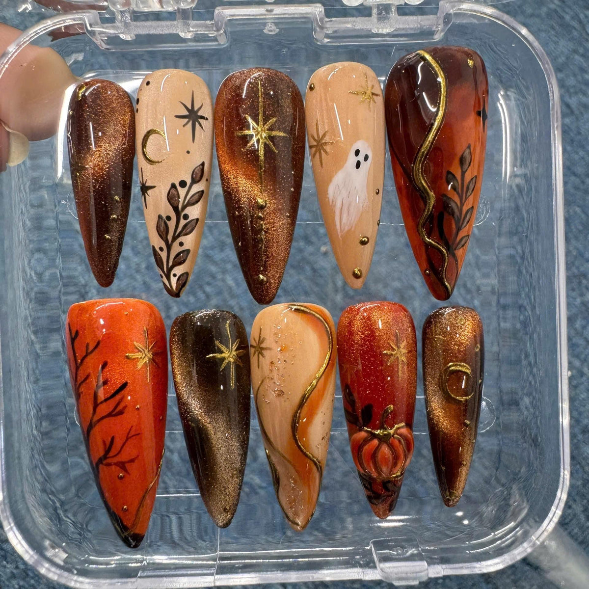 Copper Cat Eye Halloween Nail Set With Ghost, Pumpkin, Moons, and Stars