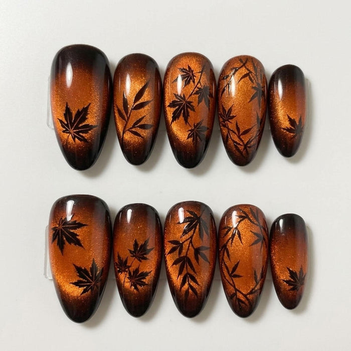 Copper Cat Eye Maple Leaf Press On Nails