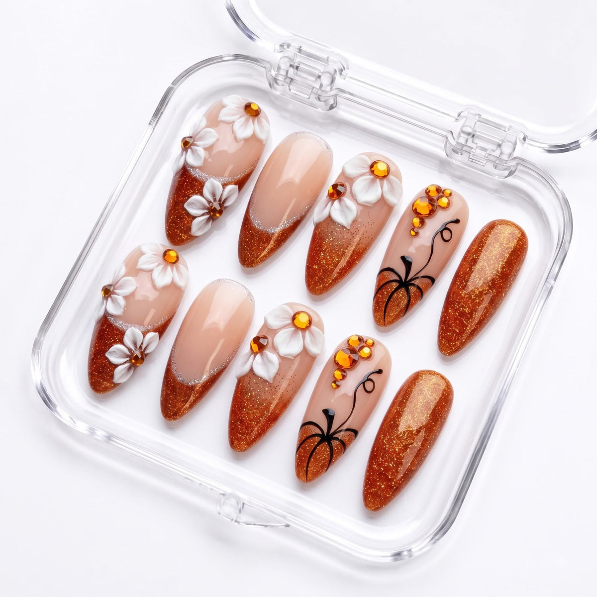 Copper Glitter Fall Nails With 3D White Flowers and Pumpkin Vine Art