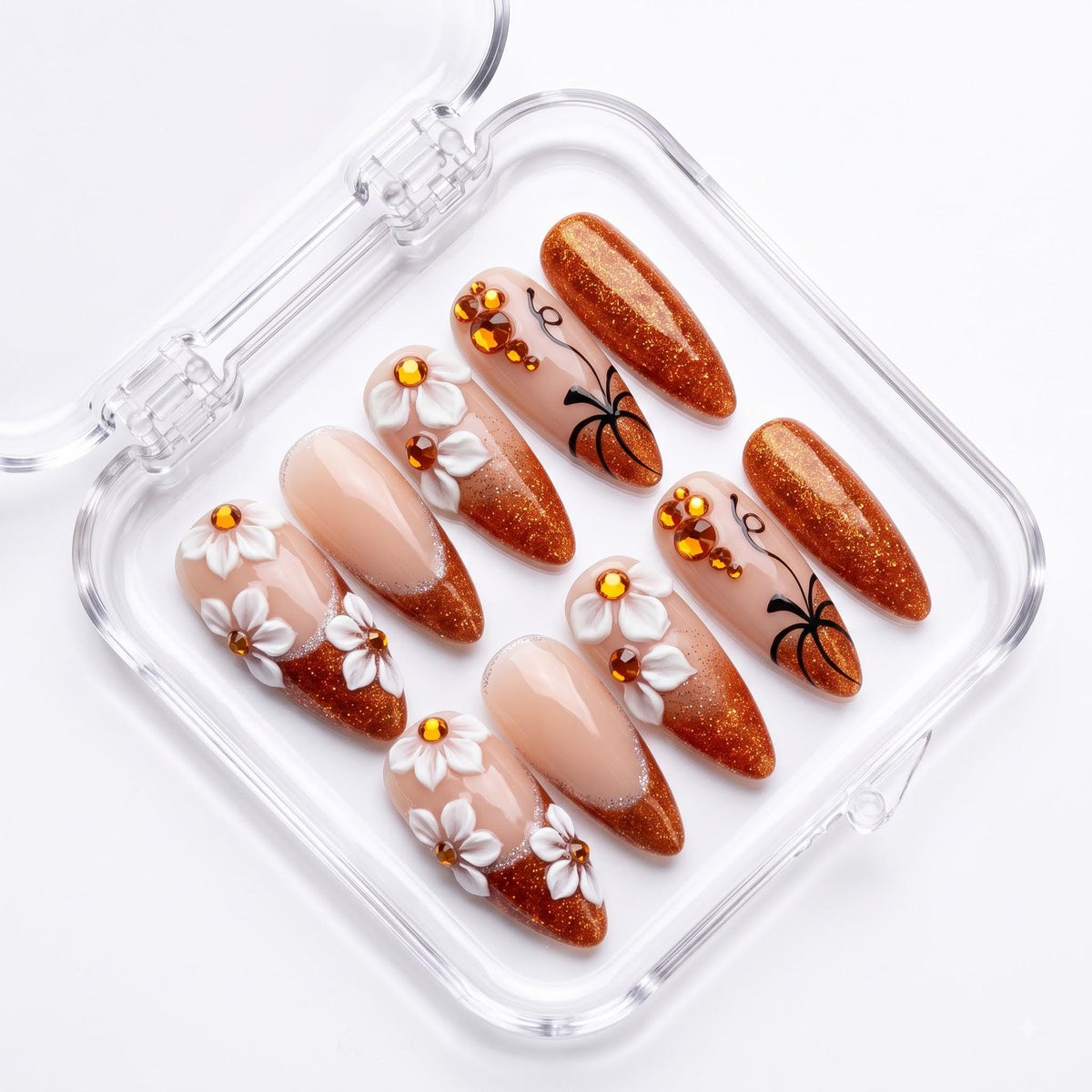 Copper Glitter Fall Nails With 3D White Flowers and Pumpkin Vine Art