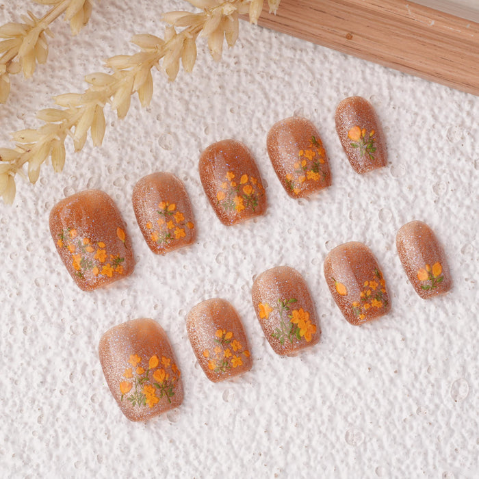 Copper Rose-Gold Cat Eye Fall Floral Press-On Nail Set