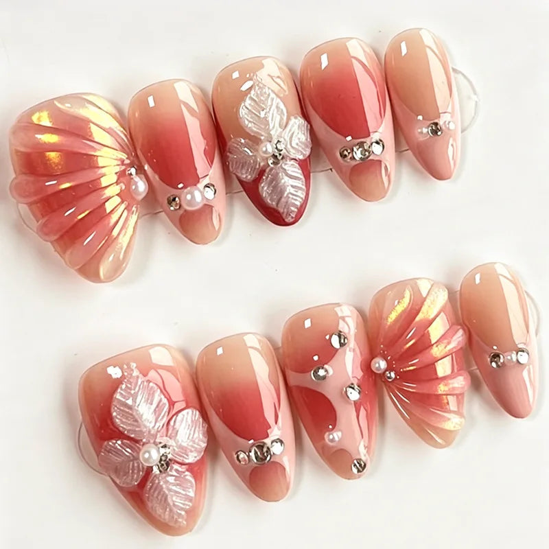 Coral and Blush 3D Floral Press On Nails with Rhinestone Accents