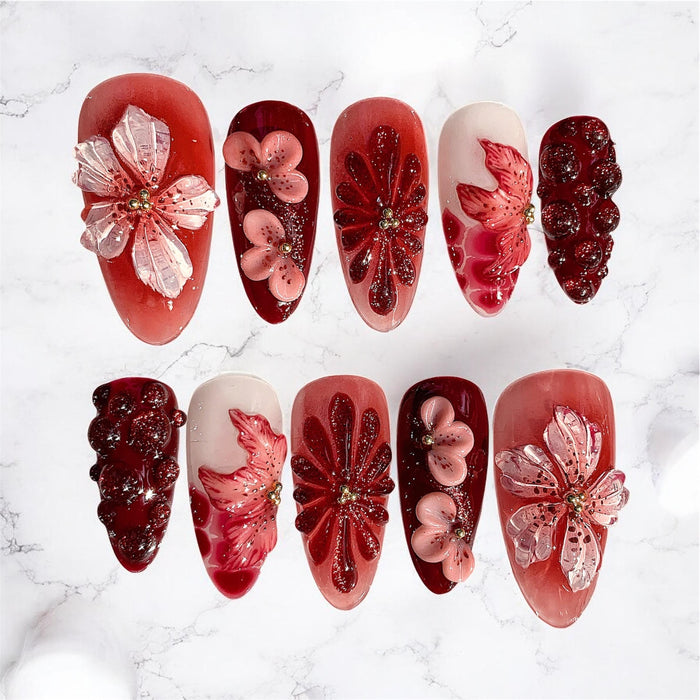 Coral and Burgundy Cherry Blossom Floral Press-On Nails with 3D Flowers and Gold Accents