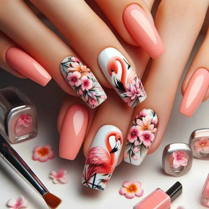 Coral Pink Flamingo and Tropical Floral Press On Nail Set