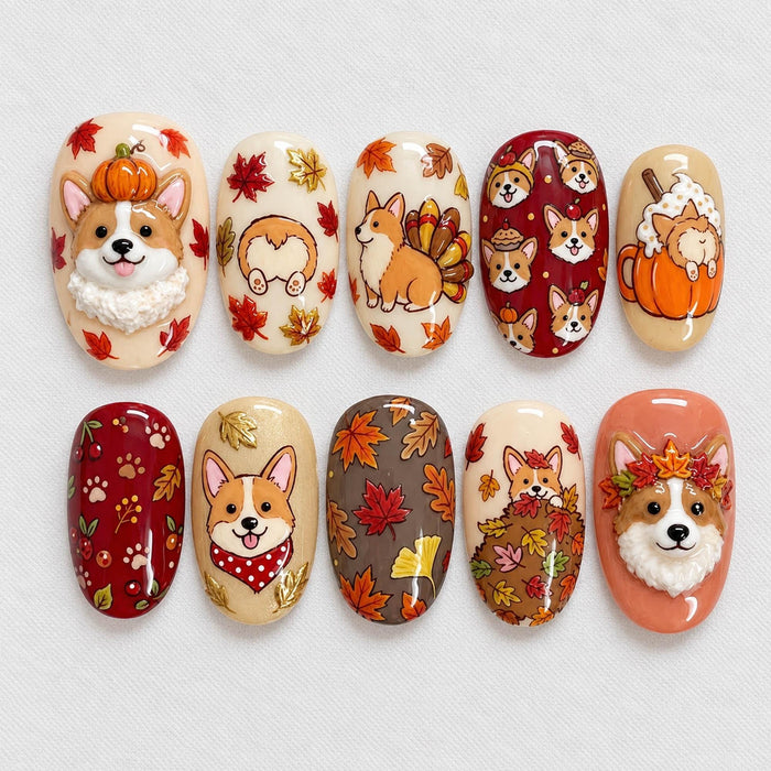 Corgi Pumpkin Thanksgiving Fall Press On Nail Set with Autumn Leaves