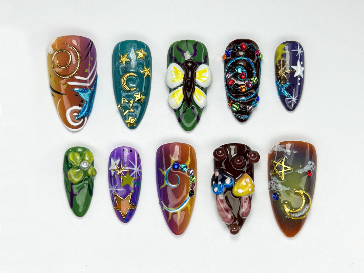 Cosmic Moon and Star Fantasy Nails with Mushrooms and Butterfly Details