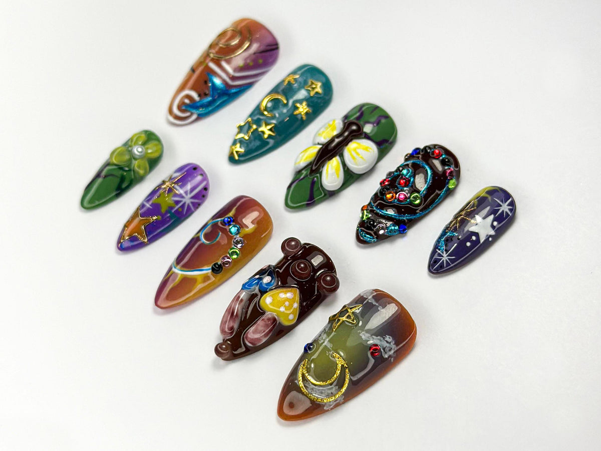 Cosmic Moon and Star Fantasy Nails with Mushrooms and Butterfly Details