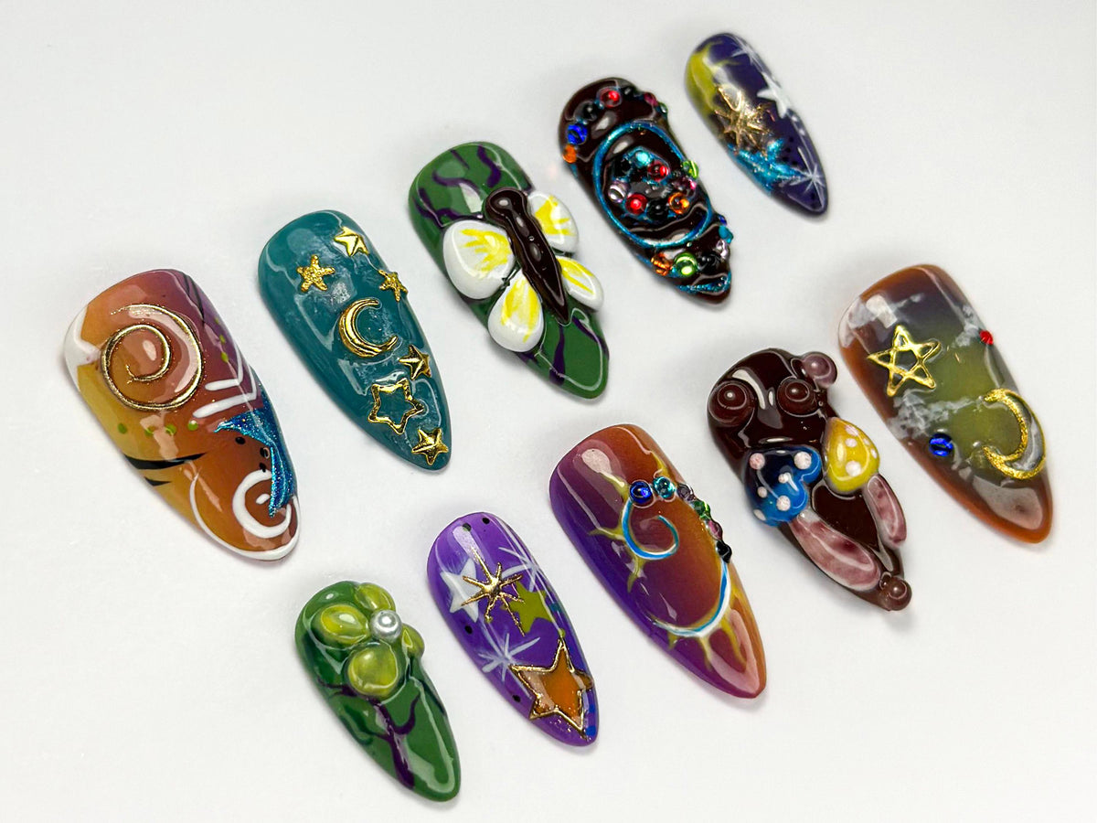 Cosmic Moon and Star Fantasy Nails with Mushrooms and Butterfly Details