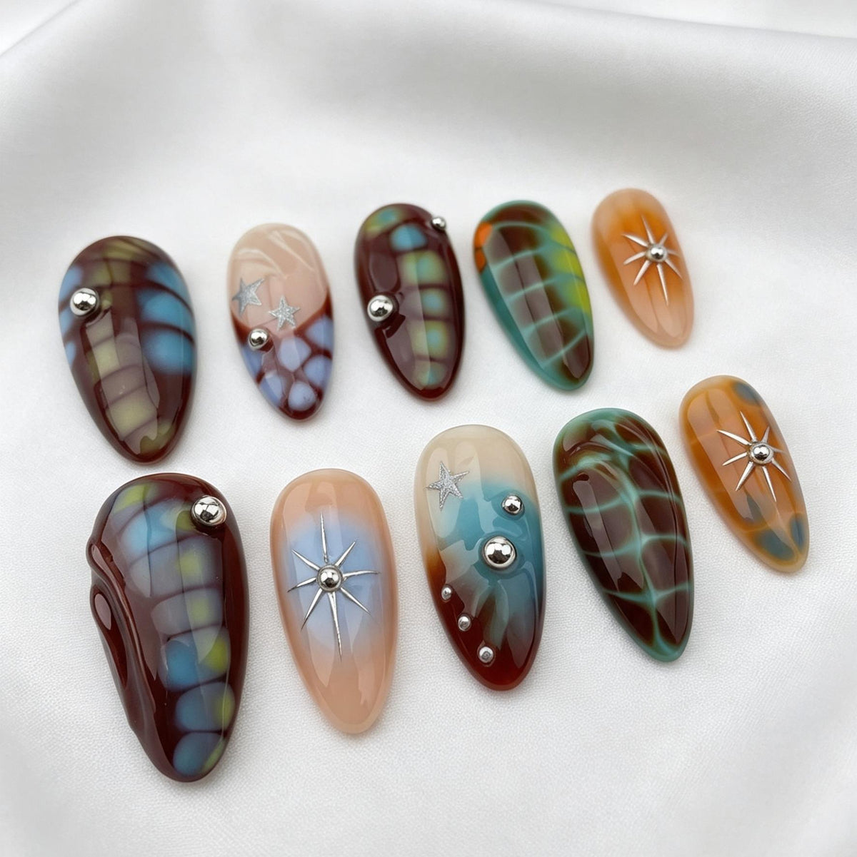 Cosmic Tortoiseshell Press-On Nails With Silver Starburst Accents