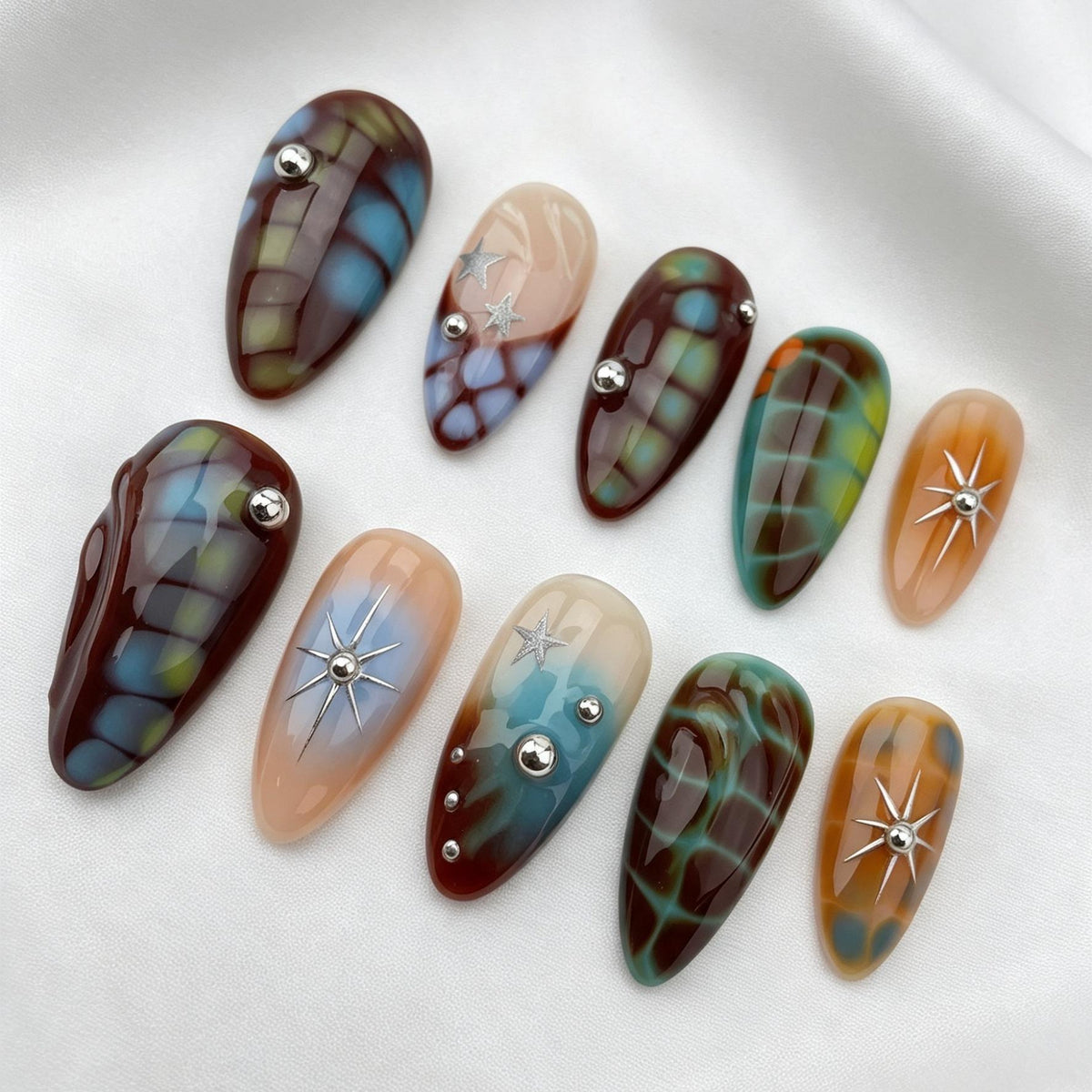 Cosmic Tortoiseshell Press-On Nails With Silver Starburst Accents