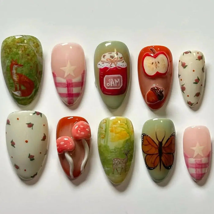 Country Vintage Press On Nails With Apples, Mushrooms, Butterflies and Pink Checks