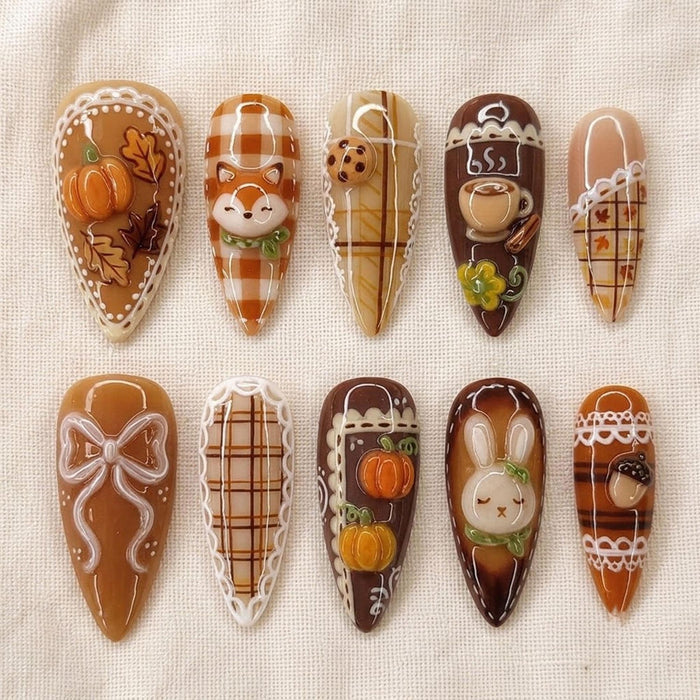 Cozy Autumn Bakery Press On Nails With Plaid, Pumpkins, Bunny, and Raised Bow