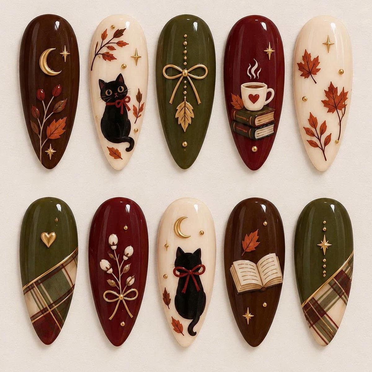 Cozy Autumn Cat and Book Press-On Nail Set in Burgundy, Brown and Olive