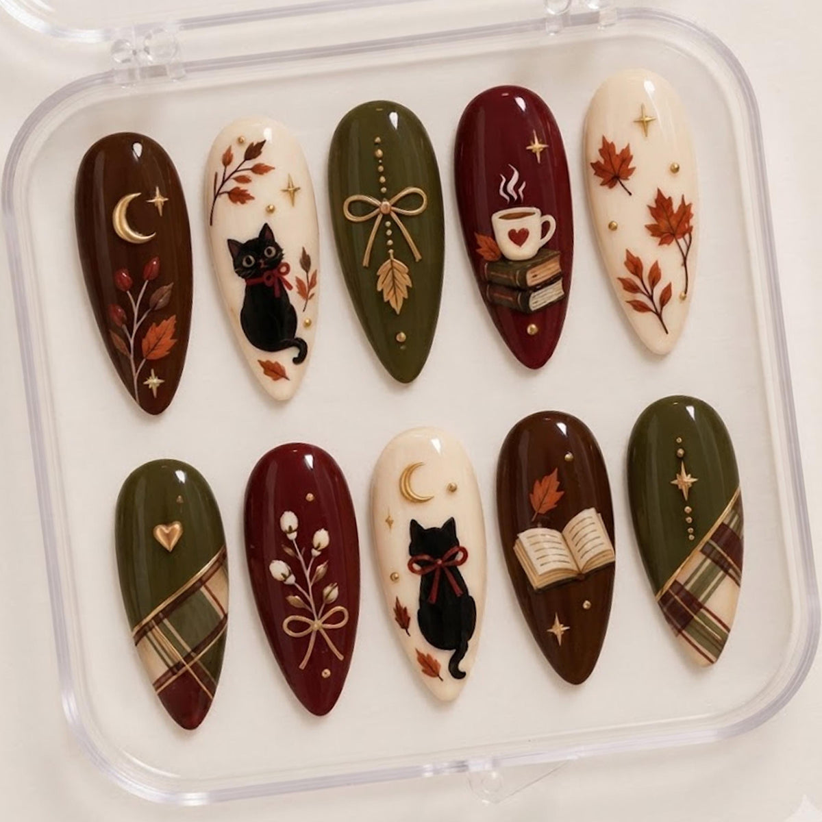 Cozy Autumn Cat and Book Press-On Nail Set in Burgundy, Brown and Olive